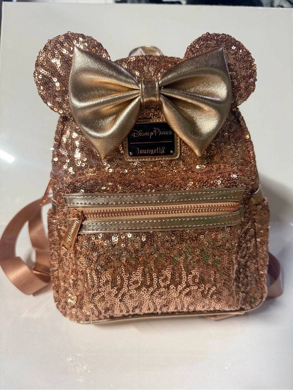 Loungefly Disney Parks Rose Gold Sequin Minnie Ear Mini Backpack